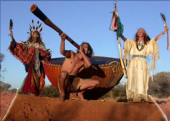 Feather, Focus & Suraj with Grandmother Drum
